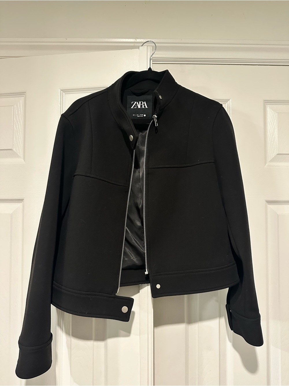 ZARA Black Cropped Bomber Jacket Neoprene Effect Jacket - Large